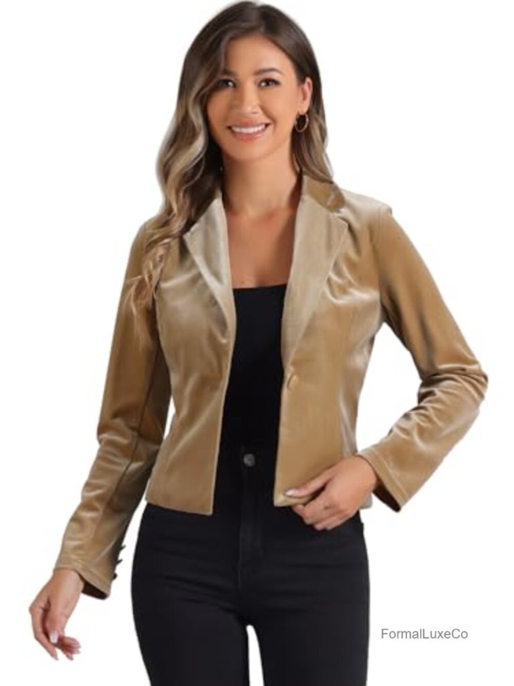 Velvet 1 Button Blazer Lapel Business Office Crop Suit Jacket